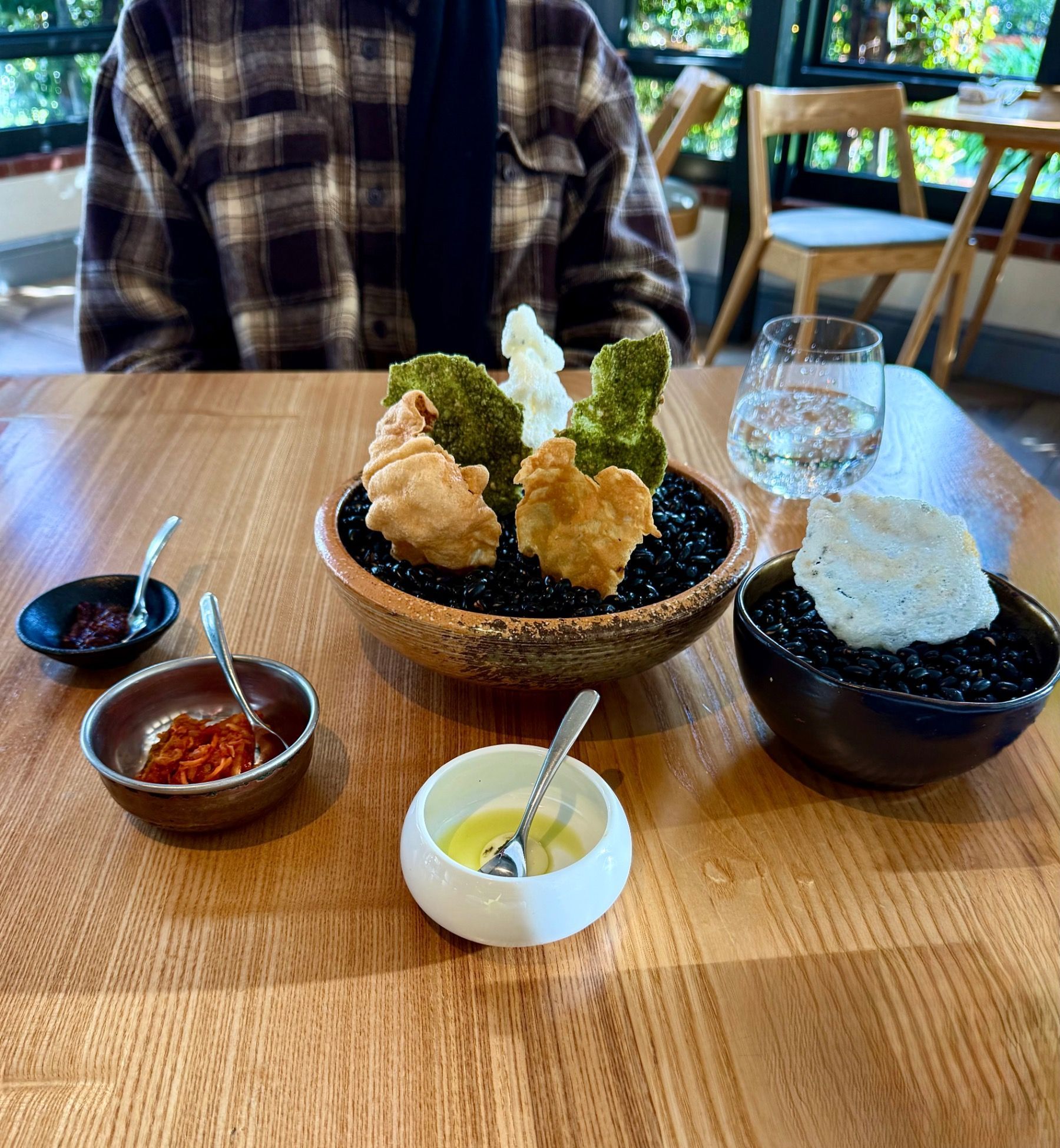 House-made crackers with creamy dip and Japanese condiments.
