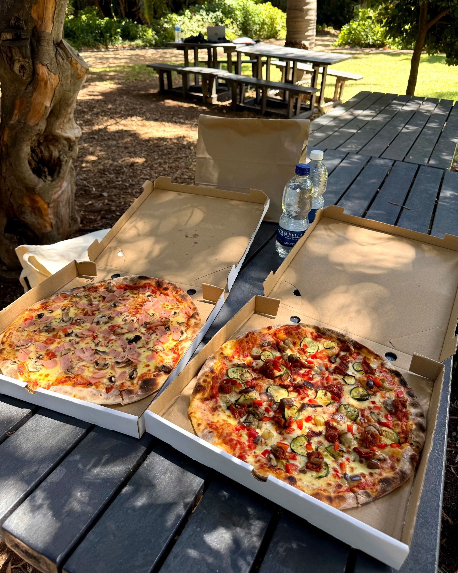Contadina and Regina pizzas side by side from Piccolo Posticino Rondebosch
