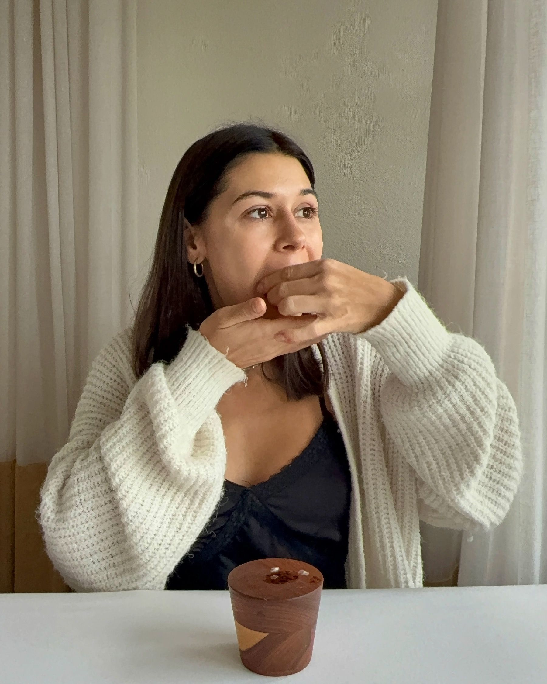 Paige tasting chicken skin tart at Salsify The Roundhouse