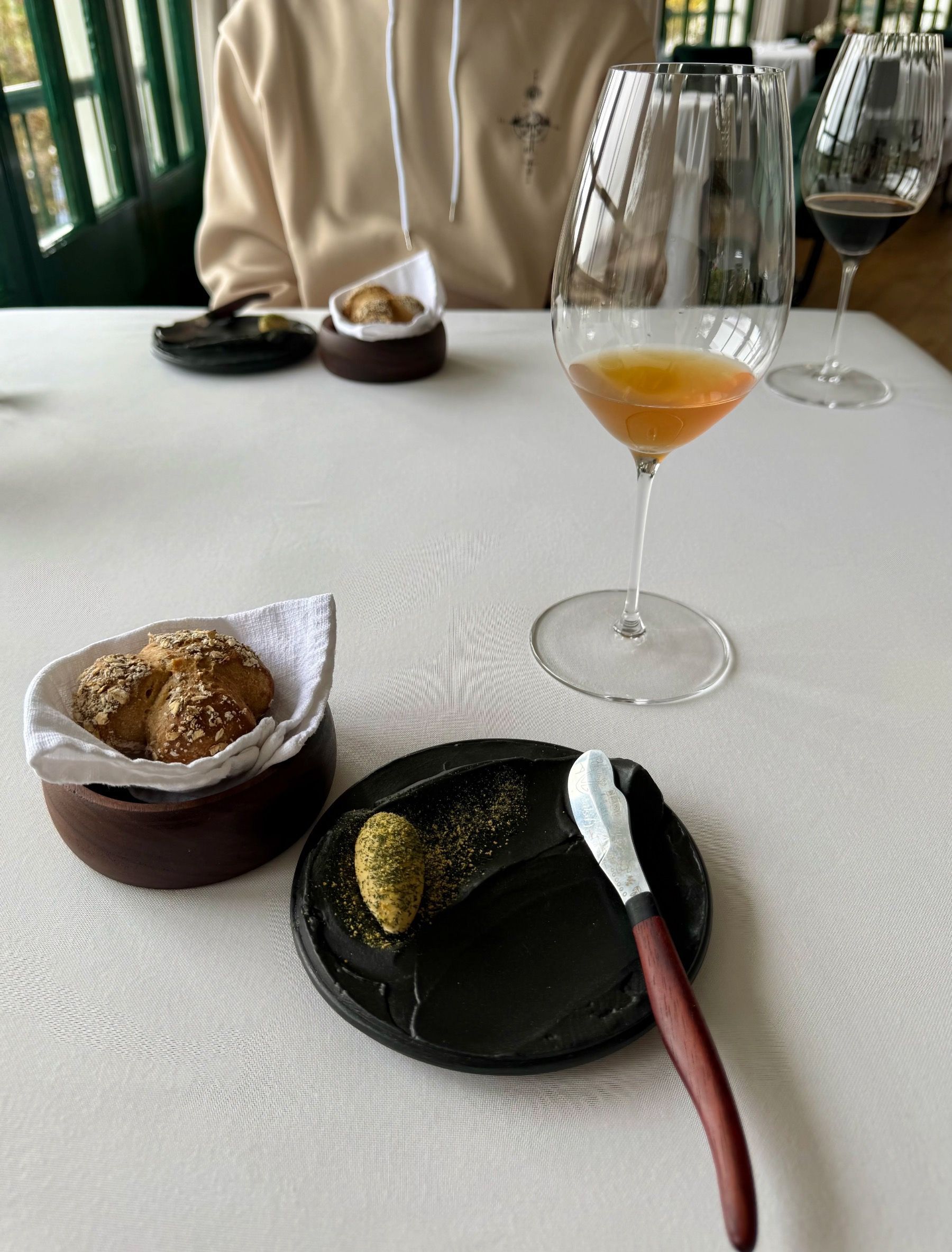 Sourdough bread with milk stout butter and ginger elixir at Salsify