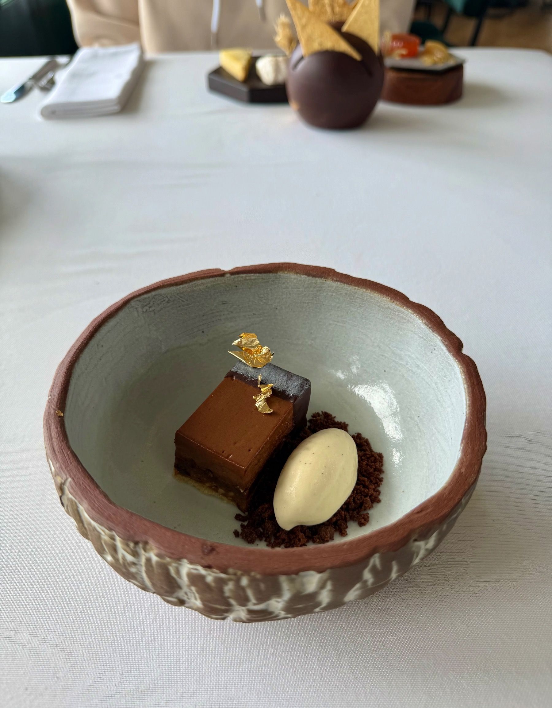 Salsify chocolate bar dessert with refined plating