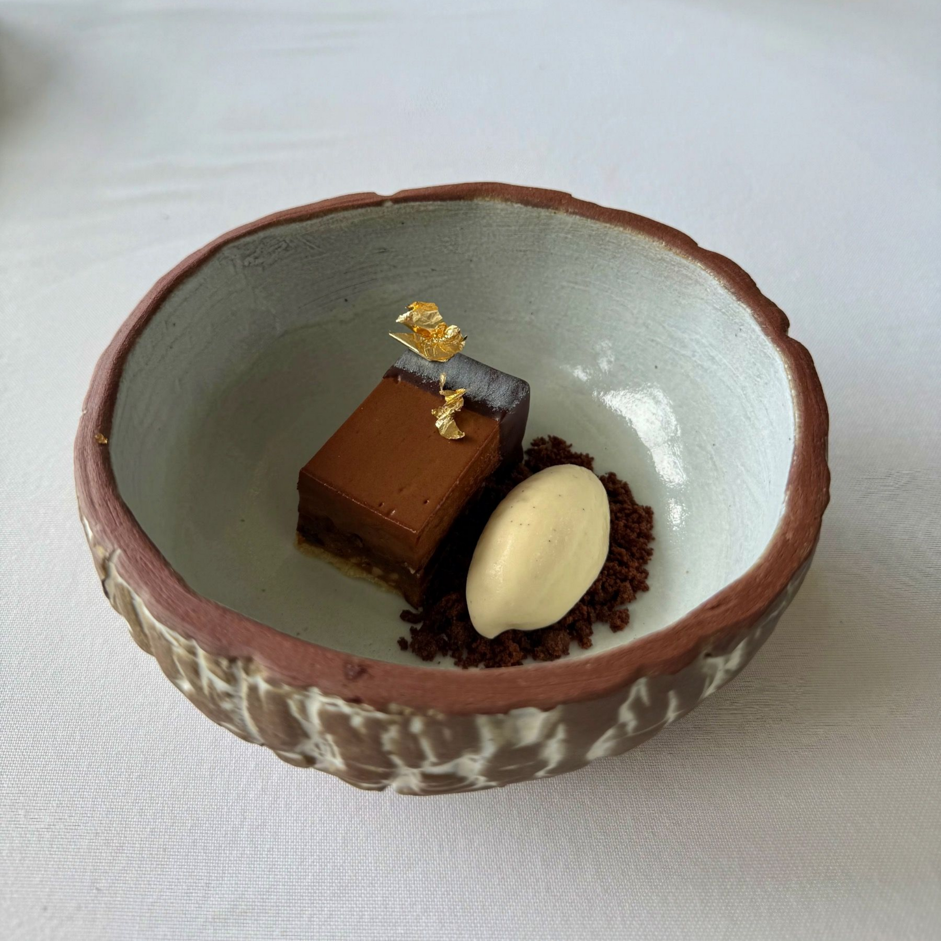 Salsify chocolate bar dessert with refined plating
