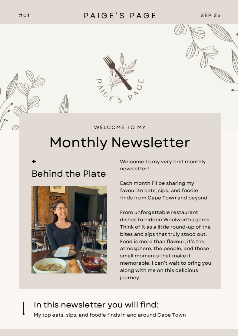 Paige's Page newsletter: Beige, floral design, woman, food.