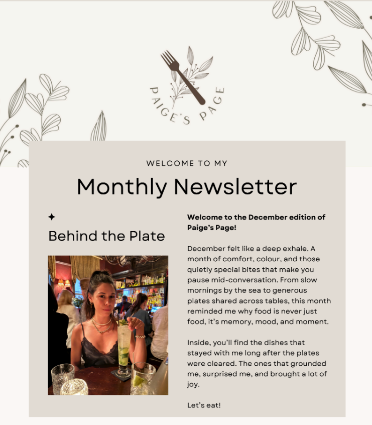 Newsletter with a person, "Paige's Page" logo, and text about December dishes.