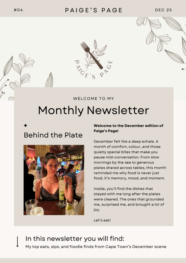 Paige's Page newsletter with a photo of a smiling person at a table, text about the monthly newsletter.
