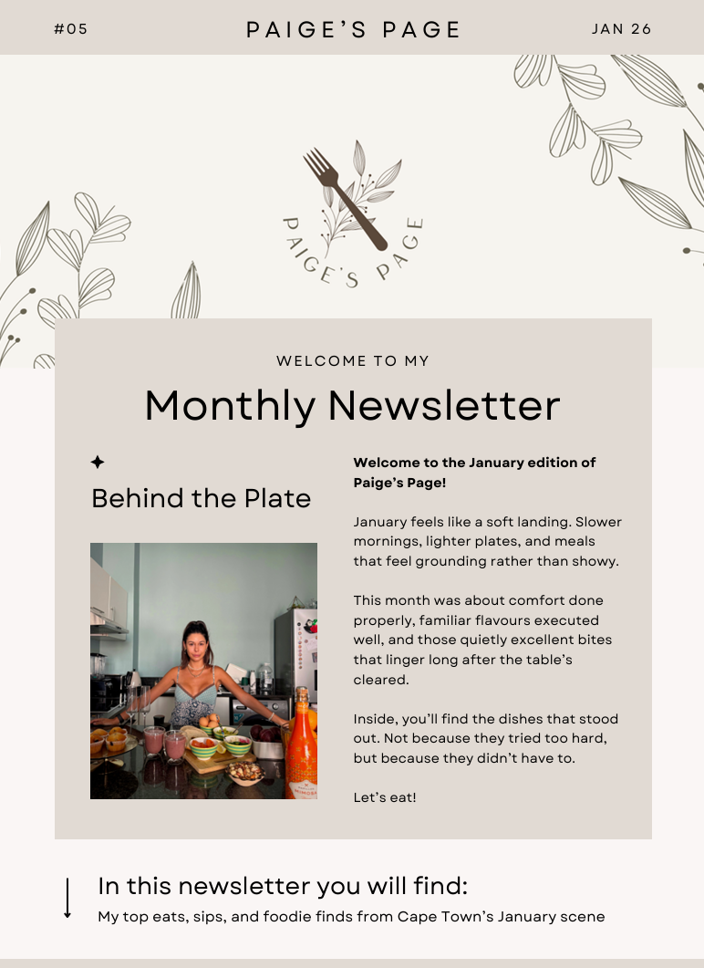 Newsletter from Paige's Page; with a photo of a woman in a kitchen, text: "Monthly Newsletter."