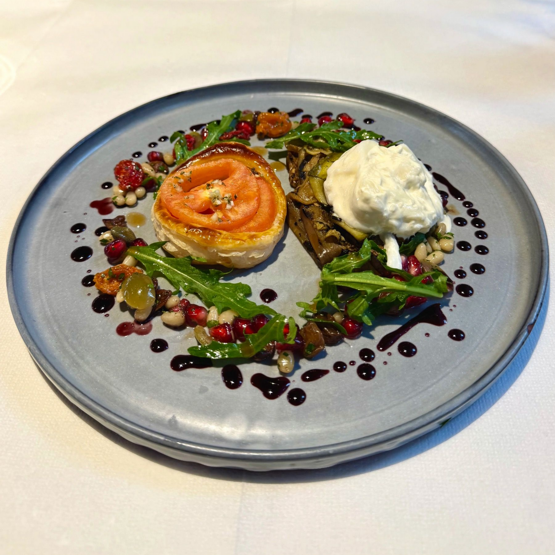 Heirloom tomato tart with burrata and basil at The Test Kitchen
