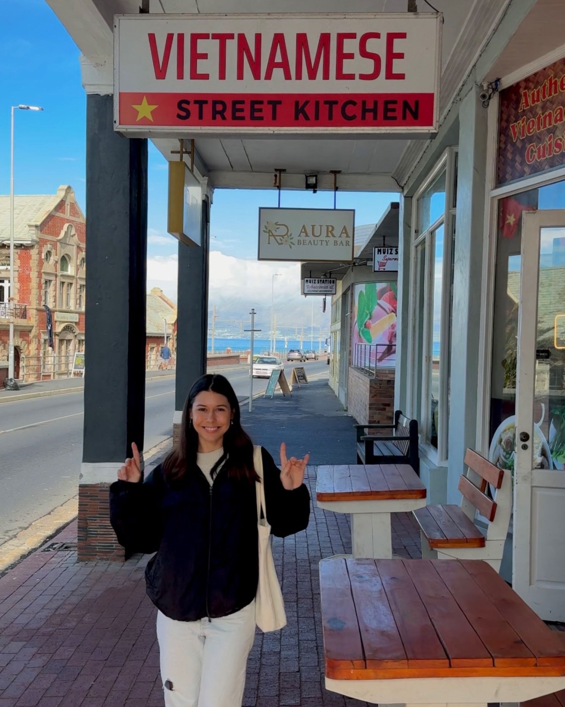 Paige outside Vietnamese Street Kitchen in Muizenberg
