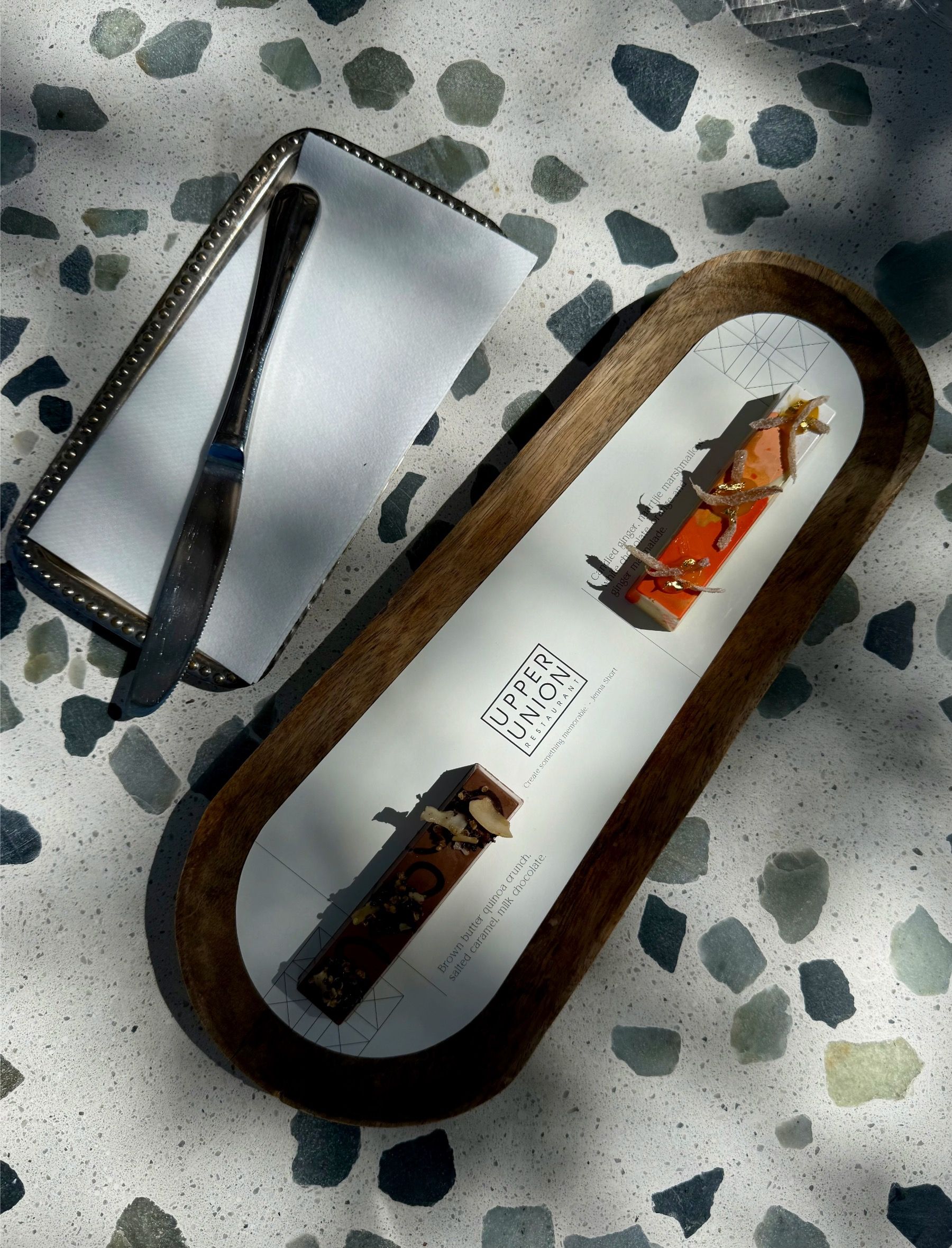 Handcrafted chocolate petit fours with citrus marmalade and brown butter quinoa crunch, Upper Union Cape Town