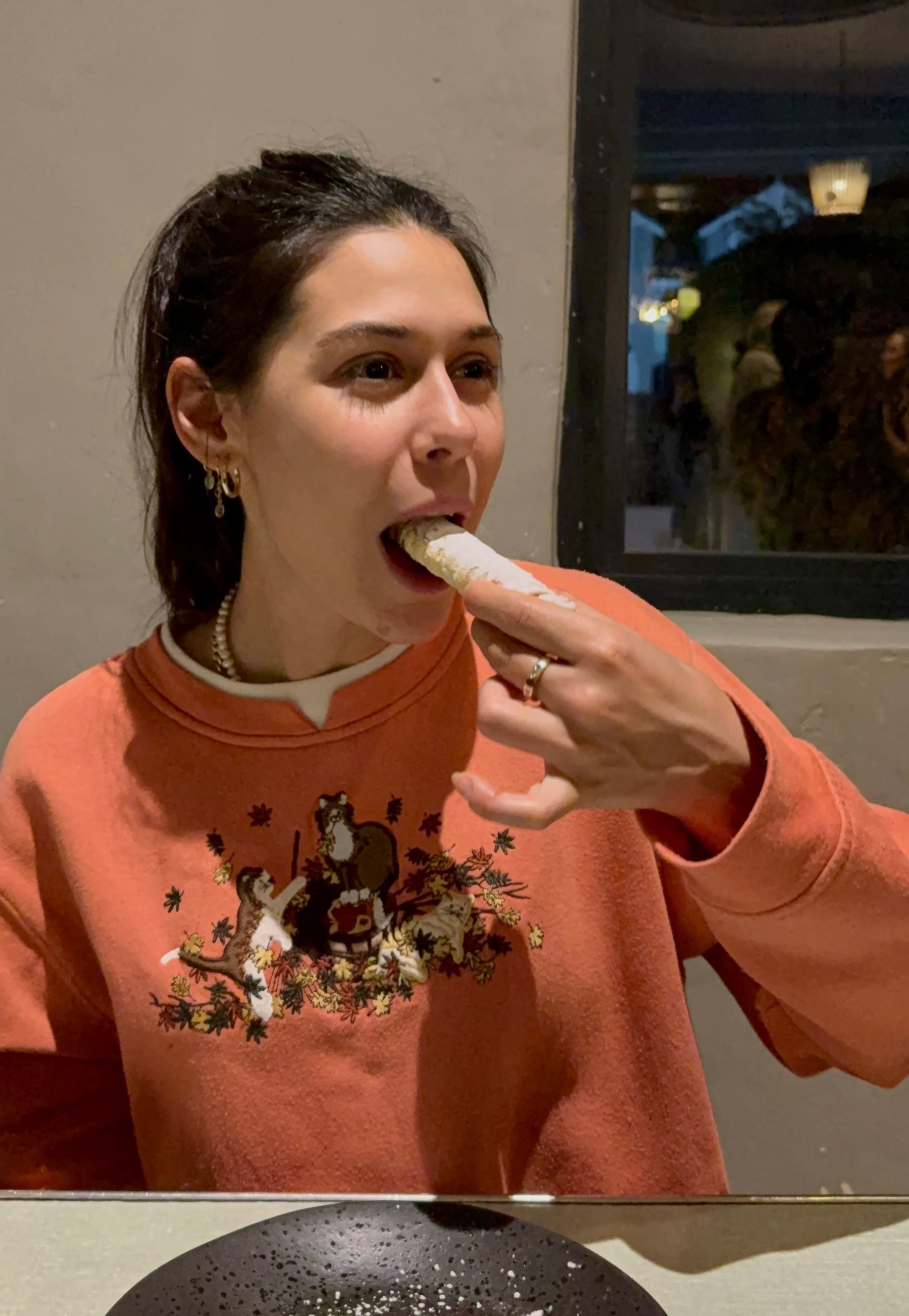 Paige tasting cannelloni at The Woodlands Eatery during a Zevenwacht wine pairing dinner