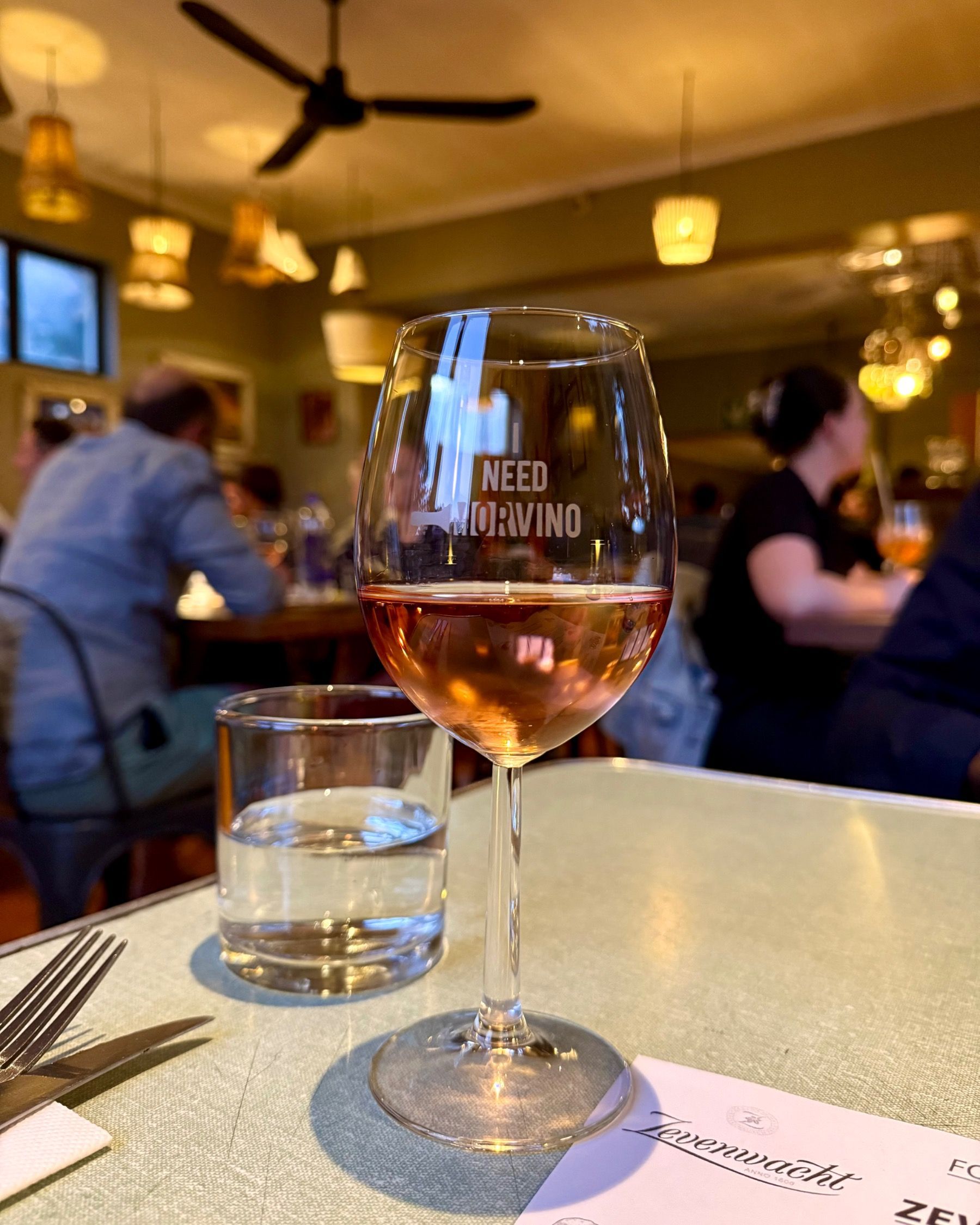 Rosé wine in a stemmed glass at The Woodlands Eatery during a Zevenwacht wine pairing dinner in Cape Town