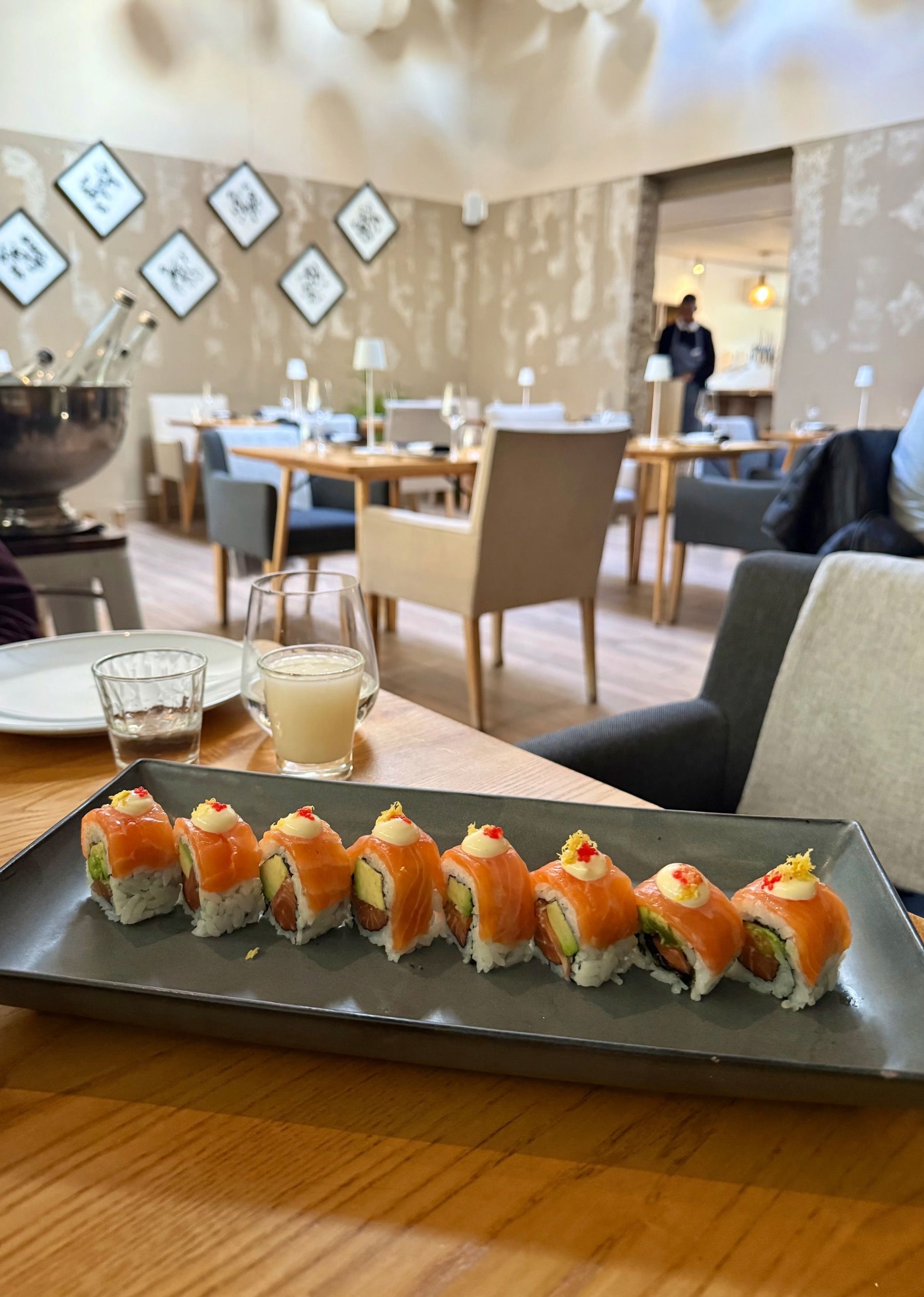 Salmon sushi rolls with fresh garnish at Yama restaurant in Cape Town
