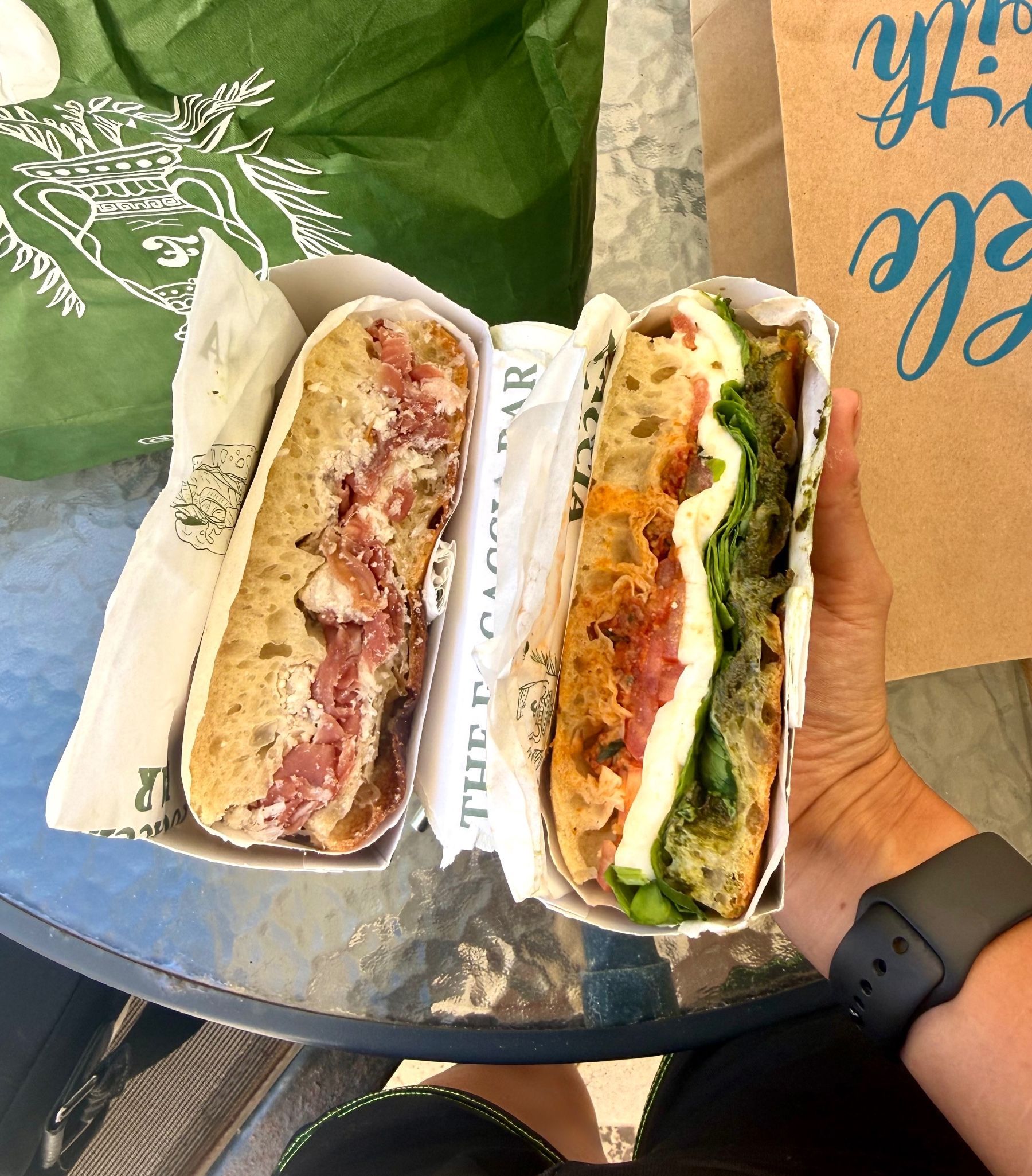 Focaccia Bar truffle prosciutto crudo and caprese focaccia sandwiches