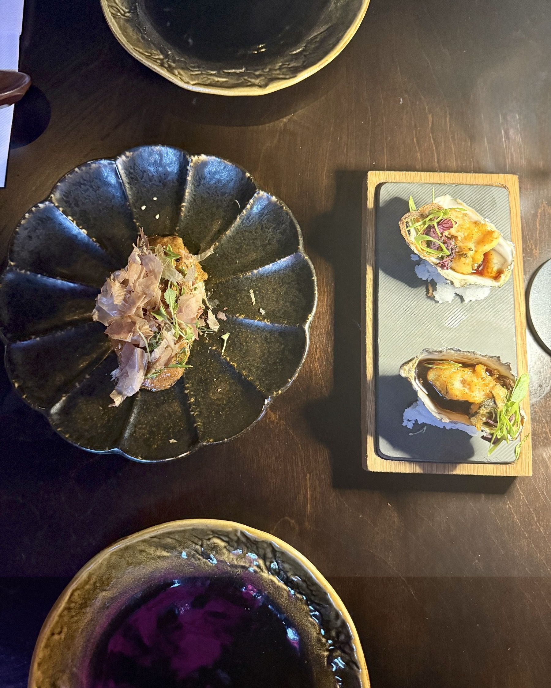 Miso-buttered eggplant and crispy tempura oysters at Yatai Ramen Bar Cape Town