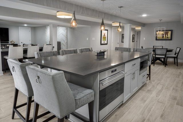 There is a large island in the middle of the kitchen.