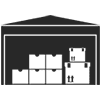 A black and white silhouette of a warehouse filled with boxes.