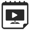 A black and white icon of a calendar with a play button on it.