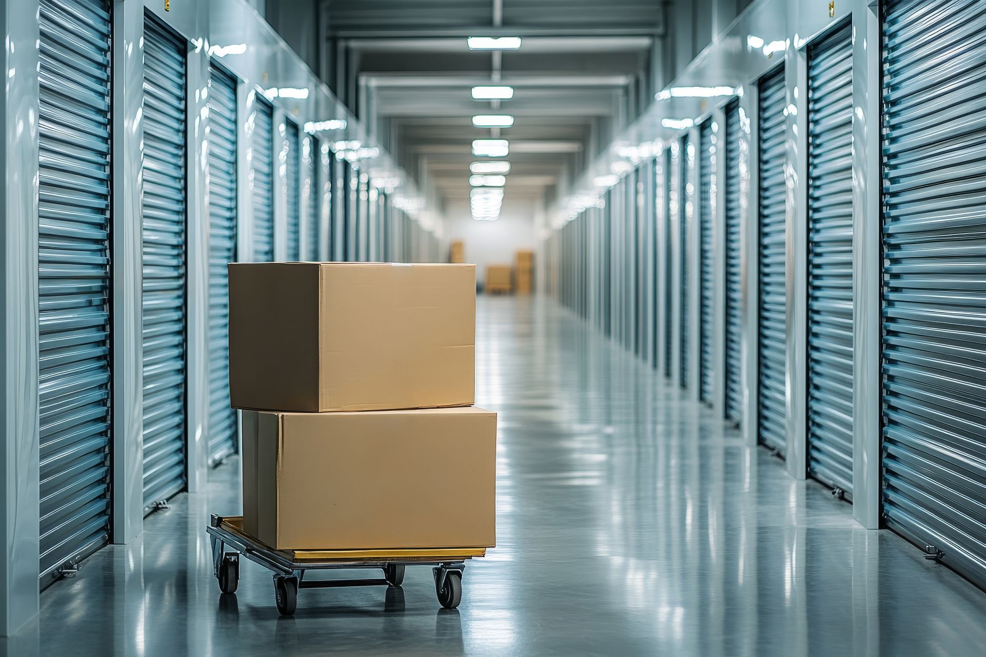 Stack of cardboard boxes ready for move-in at a modern, professional self storage facility.
