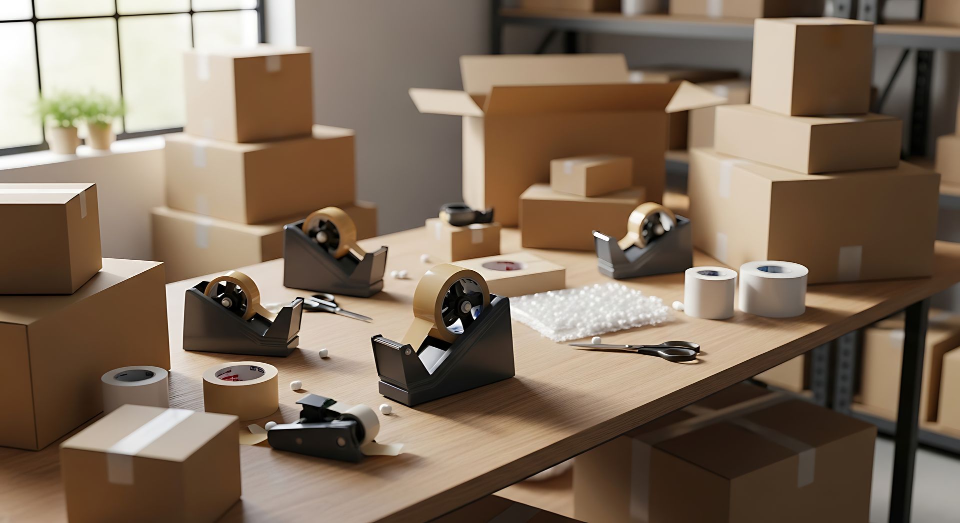 A collection of cardboard boxes and packing supplies neatly arranged on a wooden table. A collection of cardboard boxes and packing supplies neatly arranged on a wooden table.