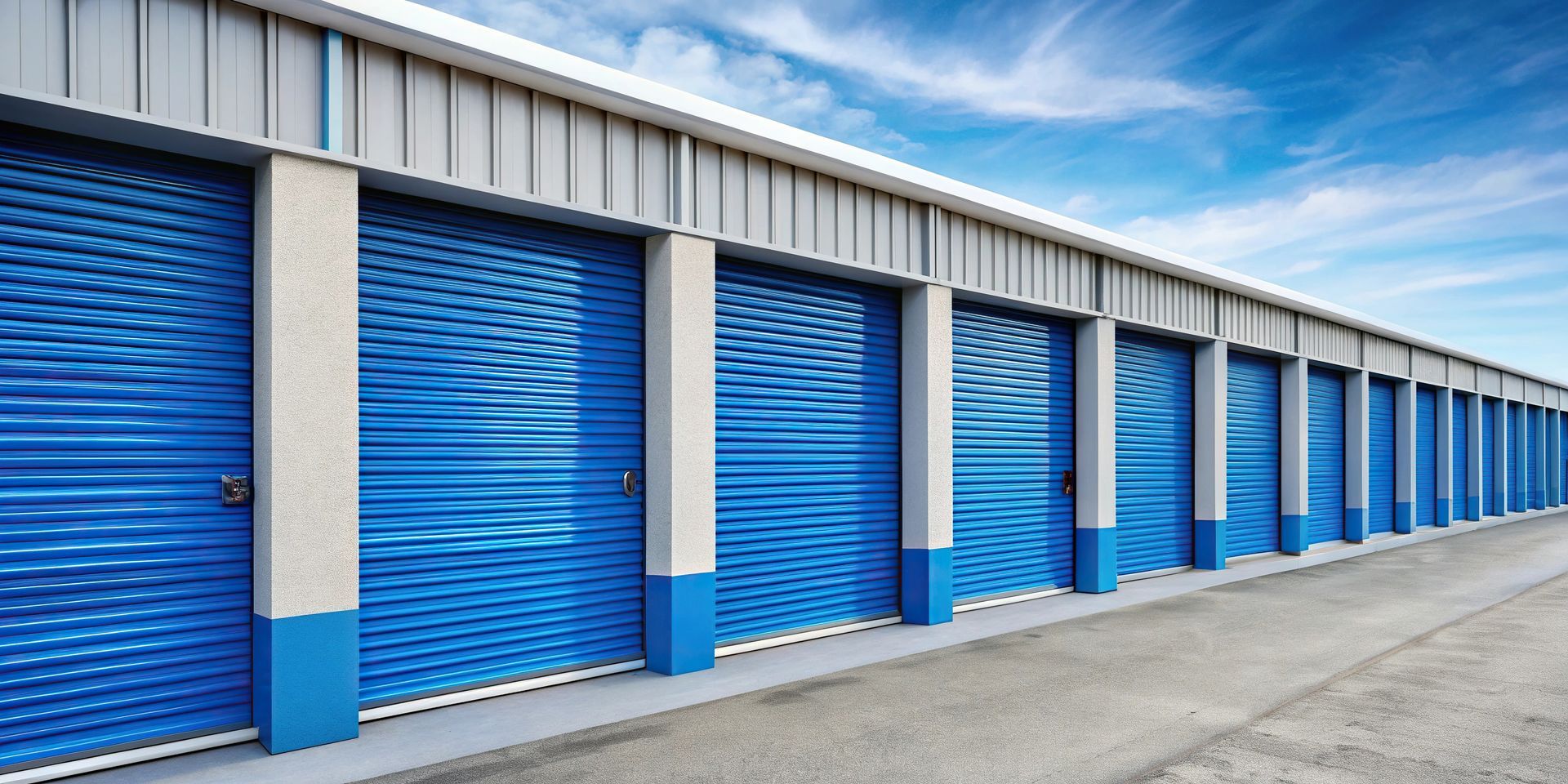 A row of modern blue self-storage units with secure doors under a clear, sunny sky