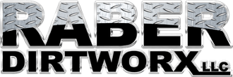 Logo for Rader Dirtworx LLC. Text is black and silver with a diamond plate pattern.