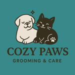 Logo for Cozy Paws Grooming & Care featuring a happy white puppy and black kitten on a teal background.