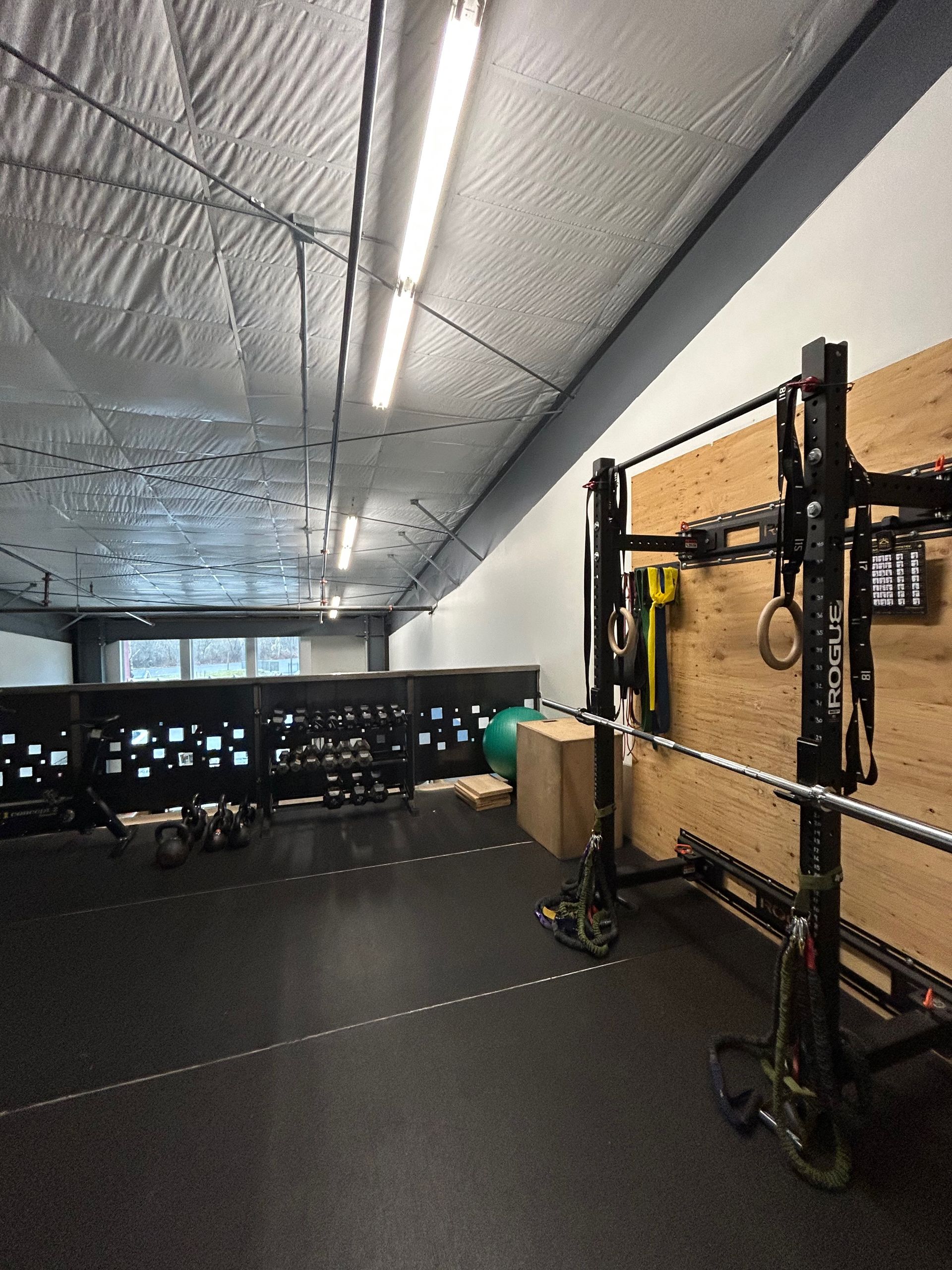 A home gym featuring a black squat rack, a barbell, a wooden plyometric box, and a rack of dumbbells on a black mat floor.