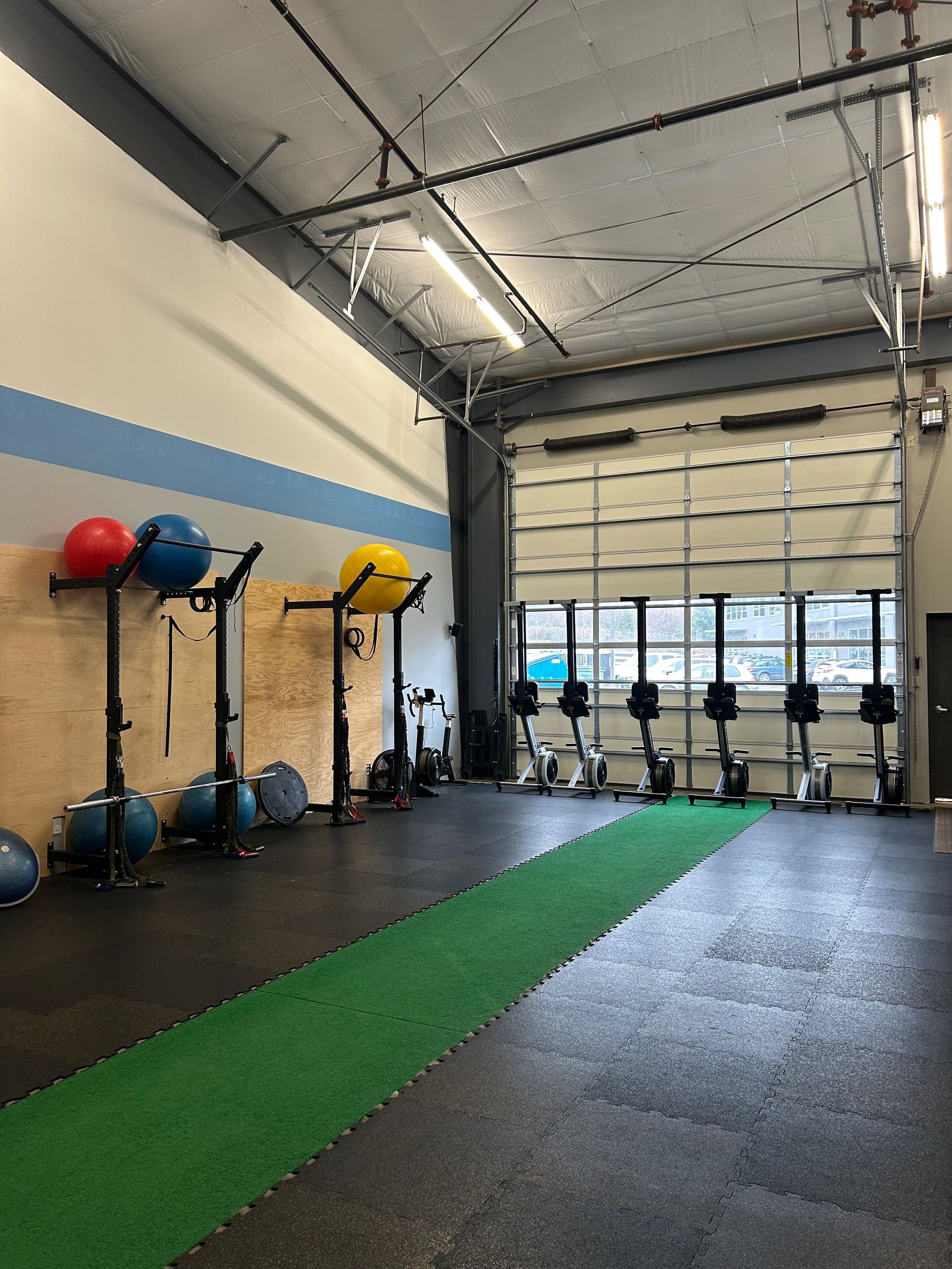 Interior of a gym with a green turf lane, wall-mounted medicine balls, and a row of rowing machines by a garage door.