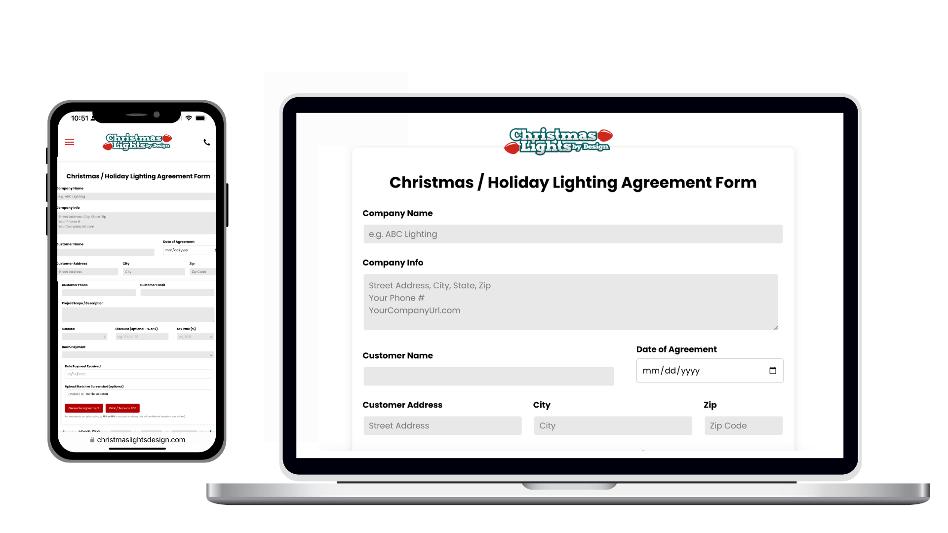 create Christmas light agreements or holiday lighting estimates in seconds with the Christmas Light Agreement Builder