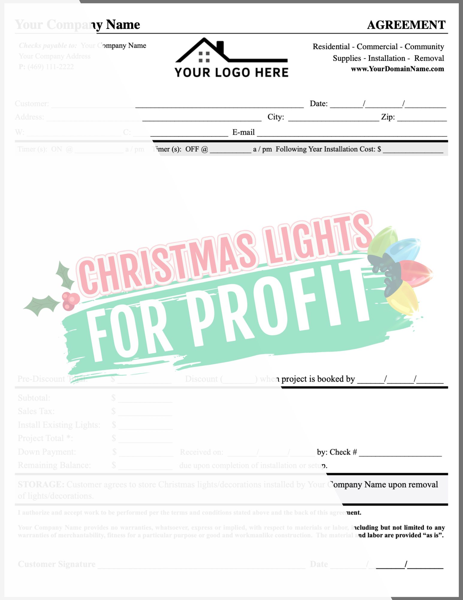 create Christmas light agreements or holiday lighting estimates in seconds with the Christmas Light Agreement Builder
