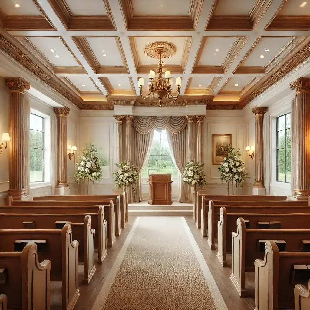 Interior view of a chapel with light-colored pews, ornate ceiling, and a podium at the front, with large windows.