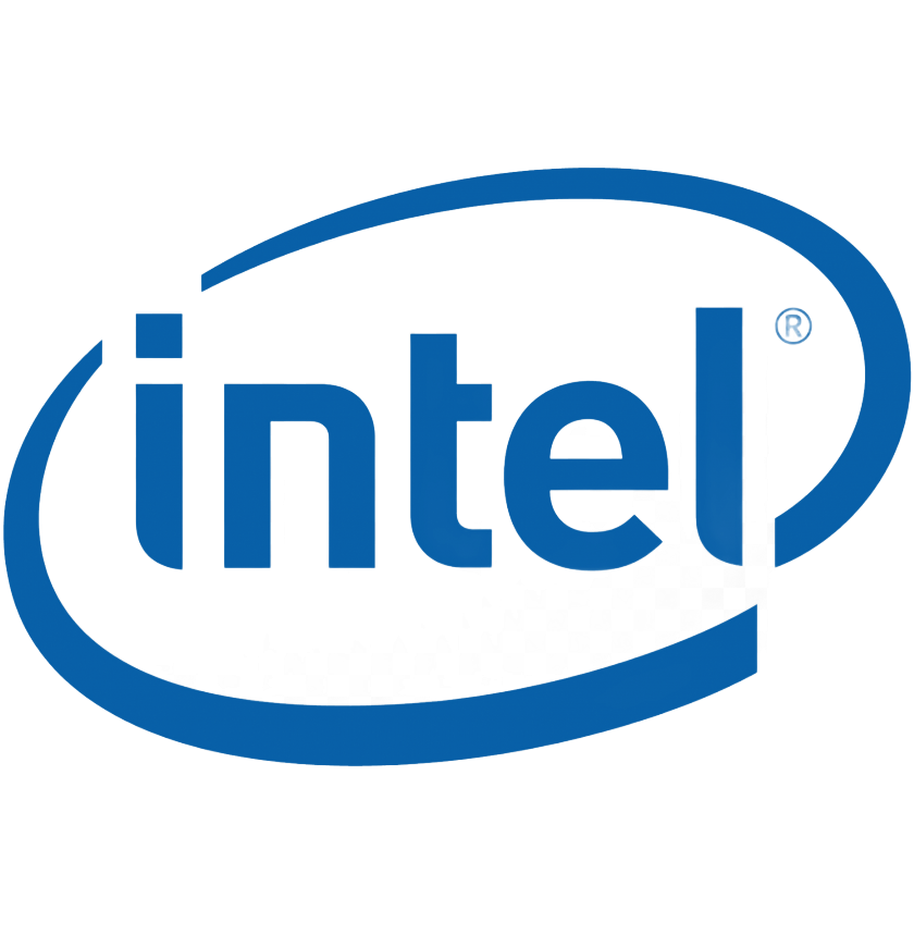 Intel logo in blue with an oval swoosh on a white background