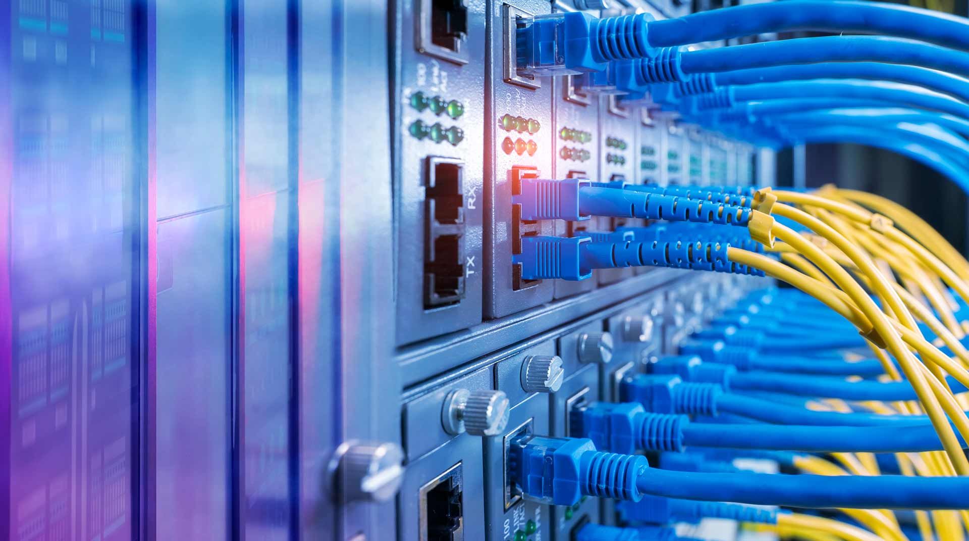 Blue and yellow Ethernet cables plugged into a server rack with blinking lights.