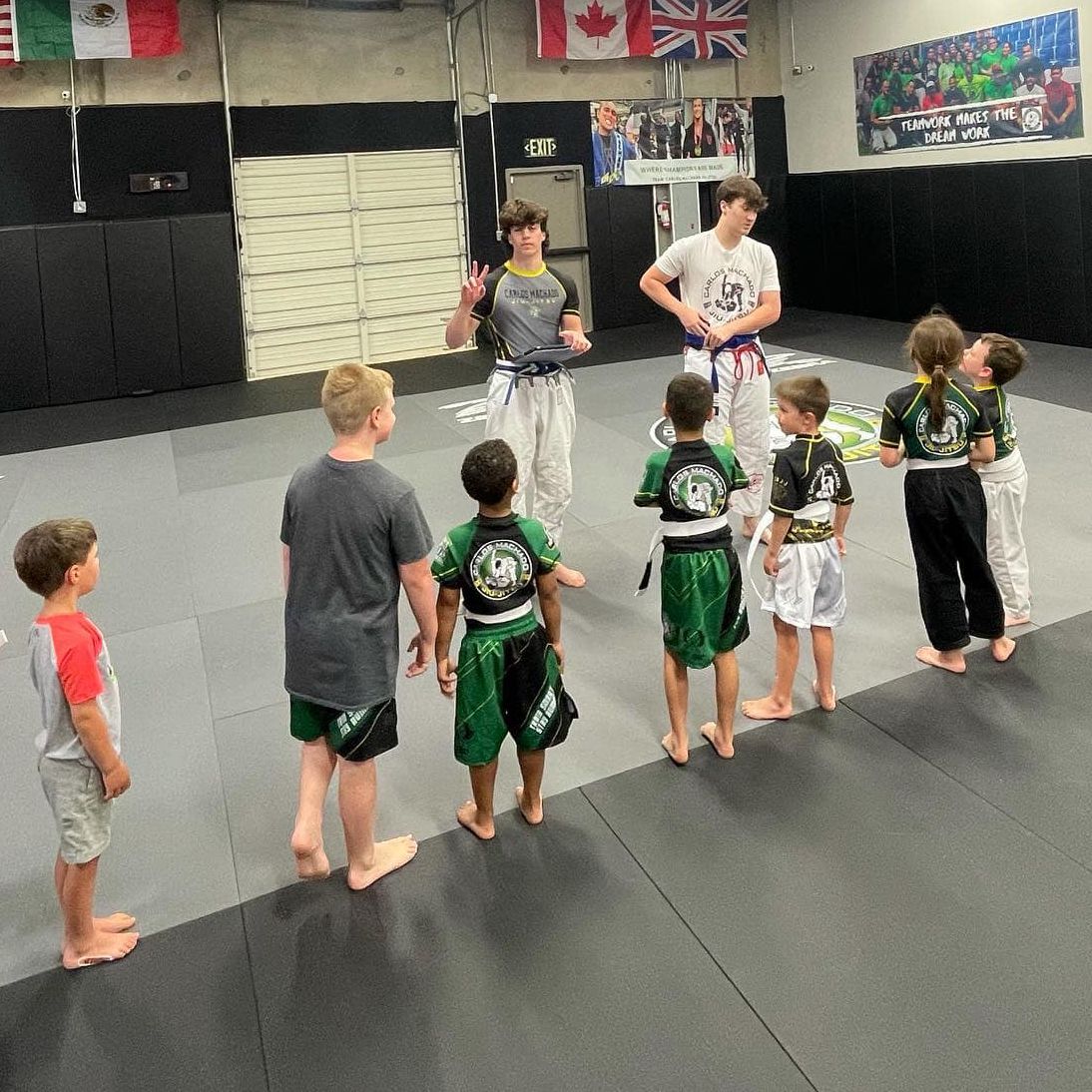 A group of children are standing on a mat in a gym.