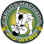 A logo for carlos machado jiu-jitsu shows two men wrestling