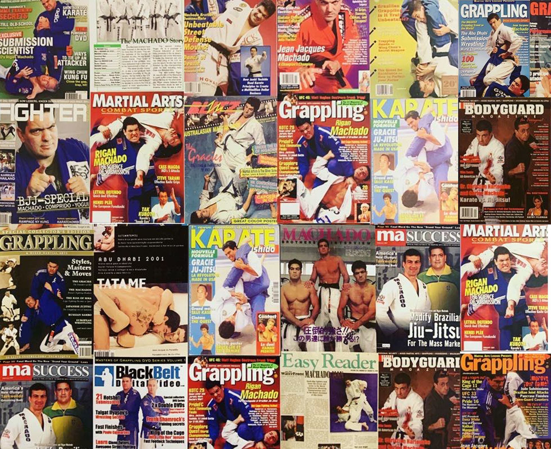 A collage of martial arts magazines including grappling