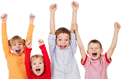 A group of children are raising their arms in the air