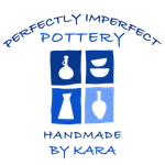 Logo: Blue and white squares with pottery silhouettes, text "Perfectly Imperfect Pottery, Handmade By Kara".