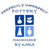 Logo: Blue and white squares with pottery silhouettes, text "Perfectly Imperfect Pottery, Handmade By Kara".