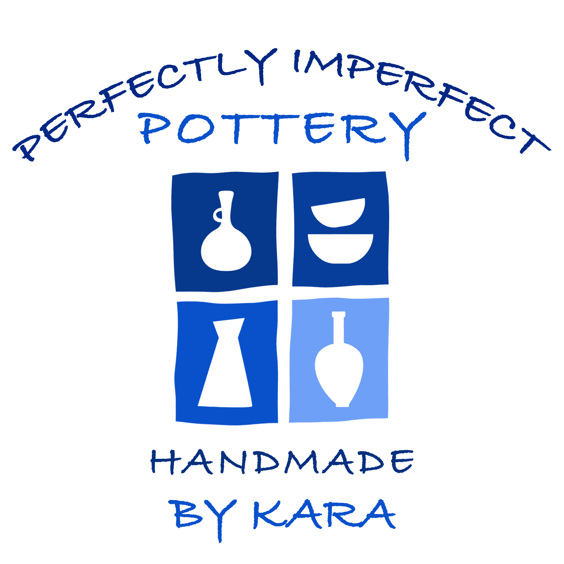 Logo: Blue and white squares with pottery silhouettes, text "Perfectly Imperfect Pottery, Handmade By Kara".