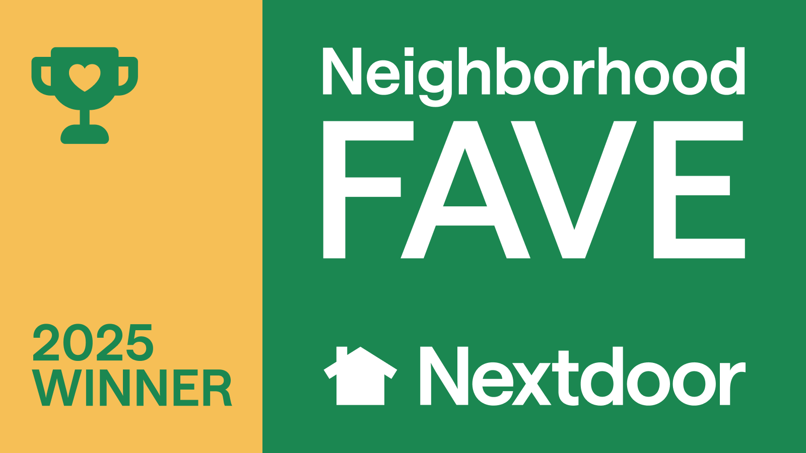 Neighborhood FAVE award logo from Nextdoor, 2025 winner: Trophy icon on yellow; text on green.