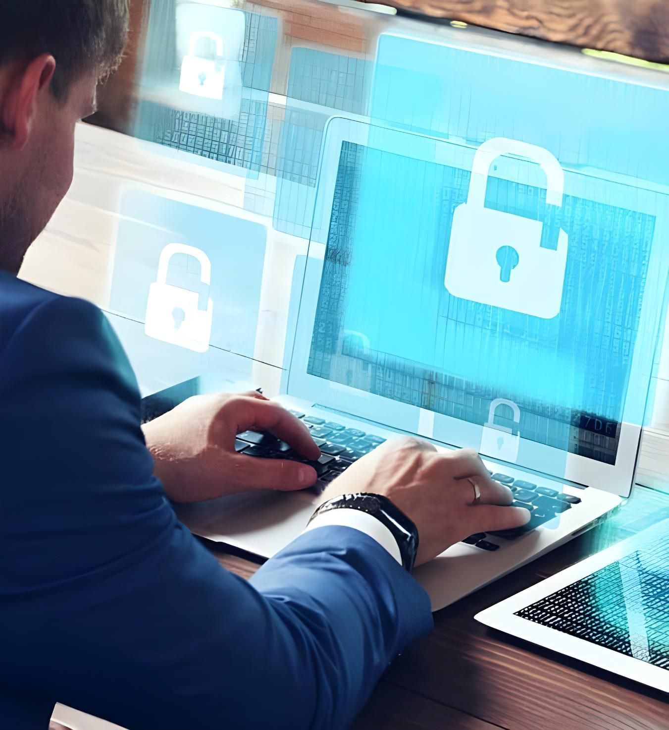 A man in a suit is typing on a laptop with a padlock on the screen.