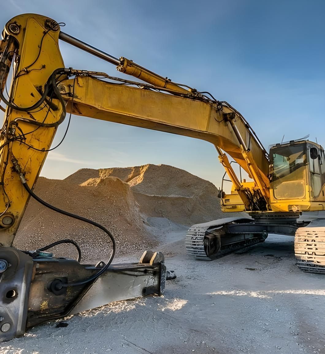 A Yellow Excavator Is Parked In Front Of A Pile Of Gravel — Coast & Country Insurance Consultants Pty Ltd In Central Coast, NSW