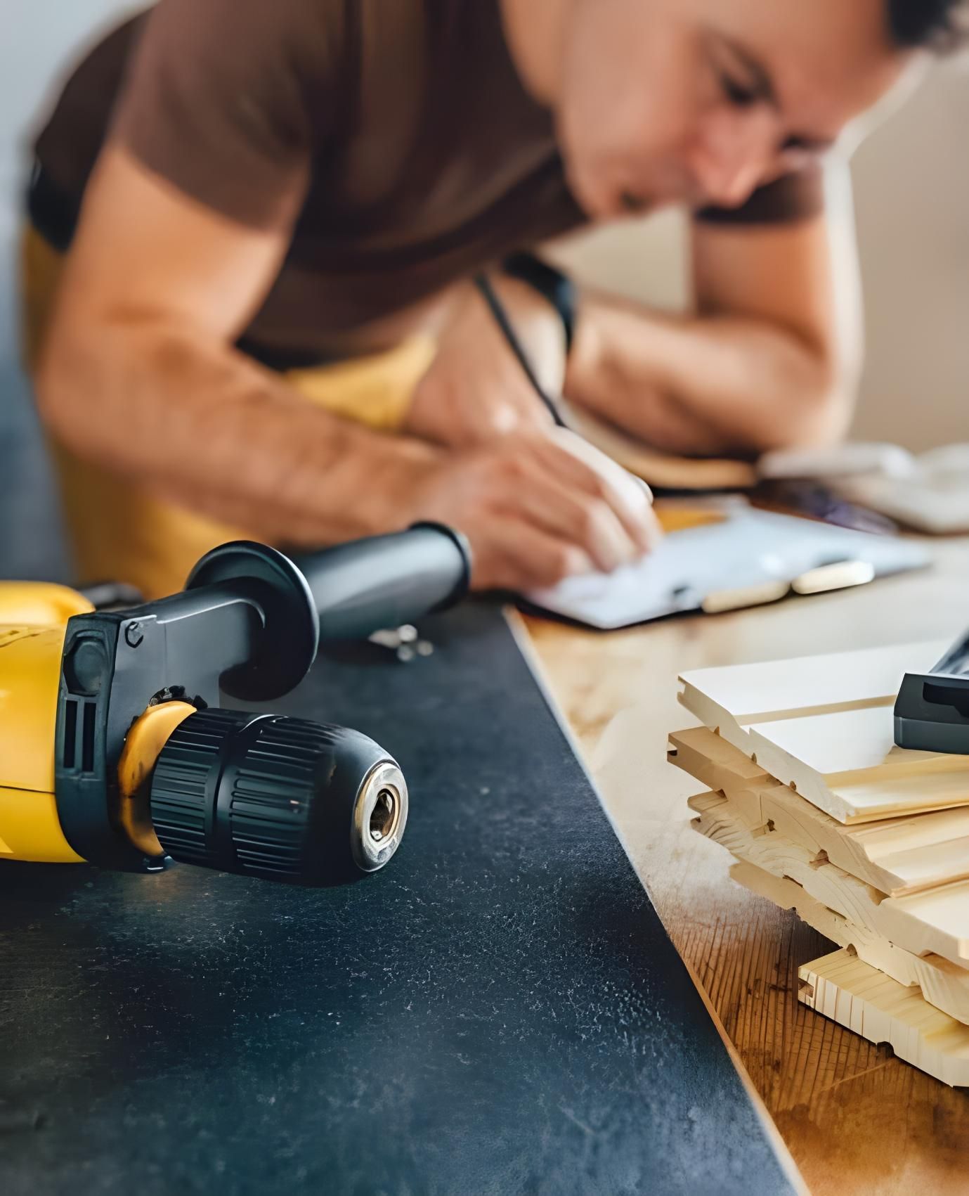 A Man Is Writing On A Clipboard Next To A Drill On A Table — Coast & Country Insurance Consultants Pty Ltd In Central Coast, NSW