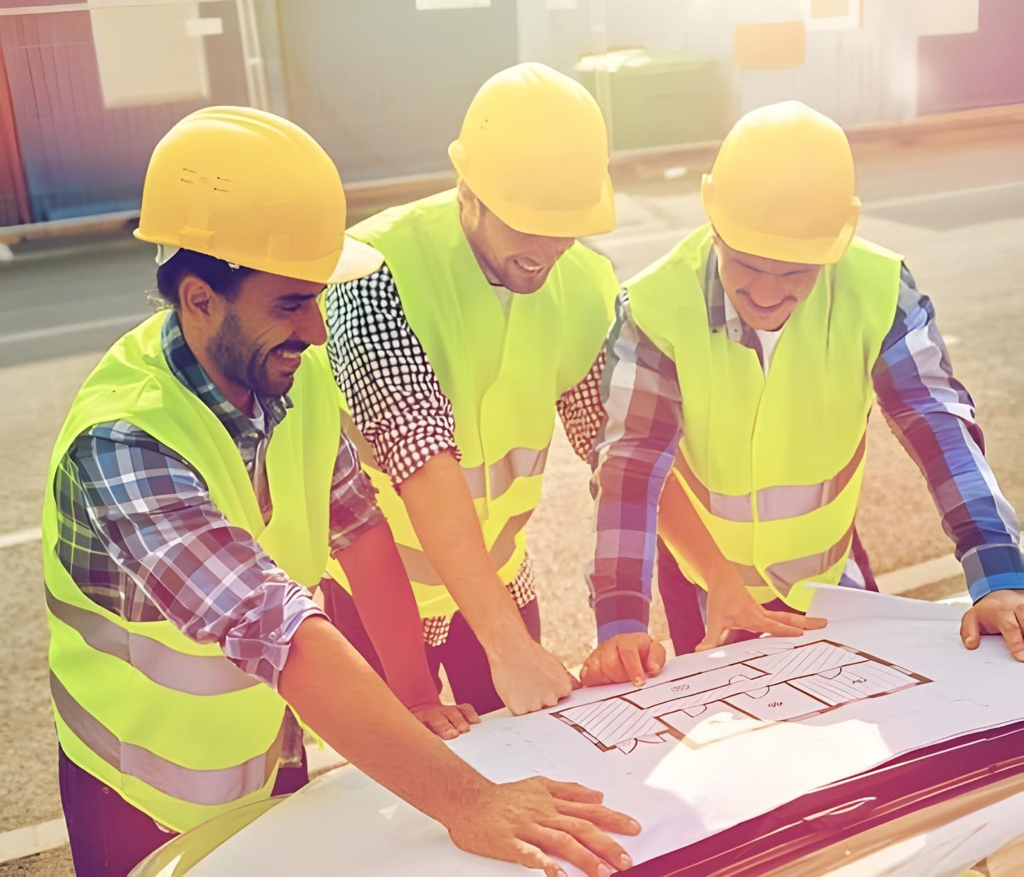 A group of construction workers are looking at a blueprint.