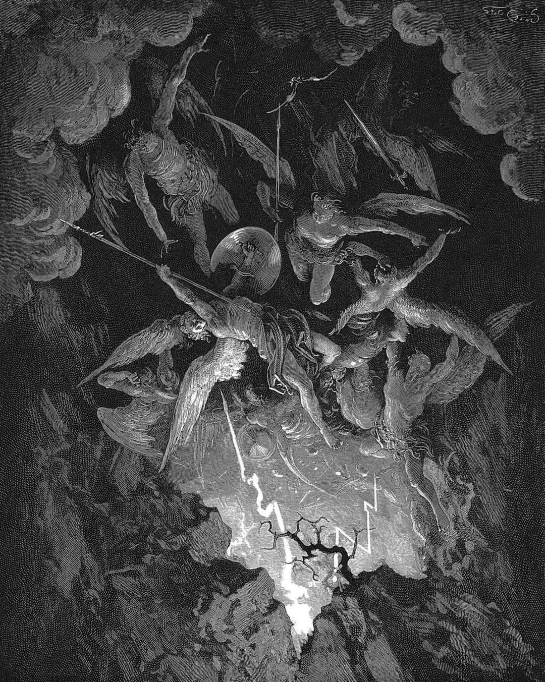 Black and white illustration of two skeletal figures with outstretched wings, framed by dark rock and a lightning-filled void.