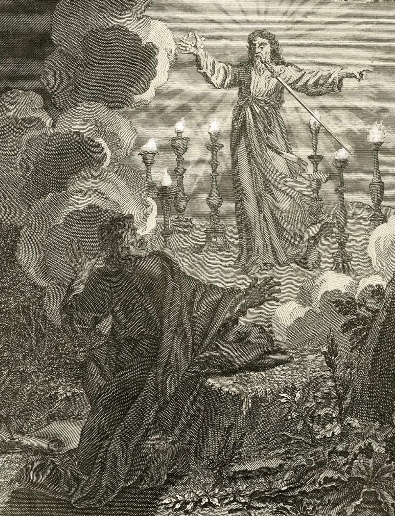 Figure with long hair holding something, speaking, candles lit, figures below, outdoors.