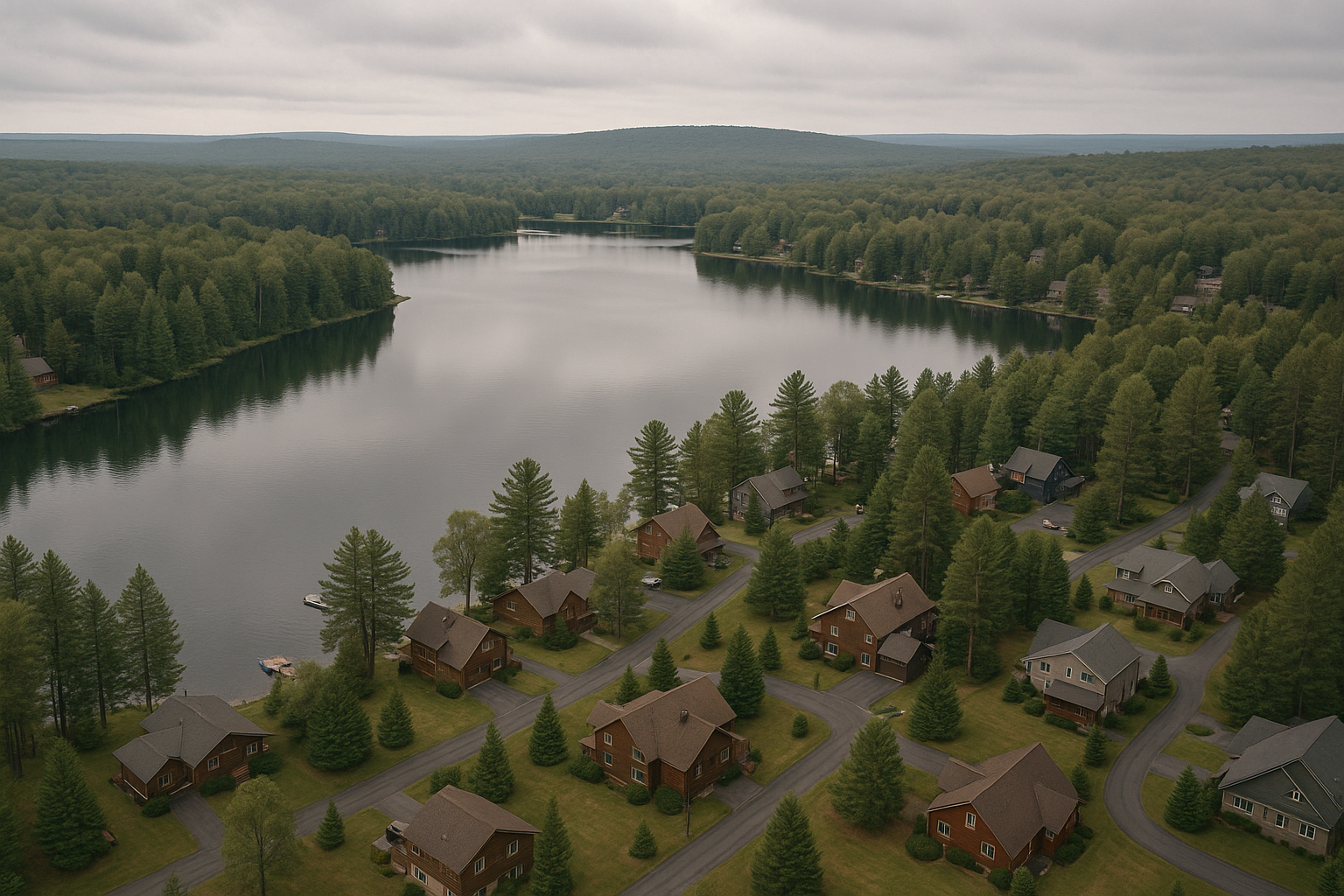 An aerial view of a residential area with a river running through it