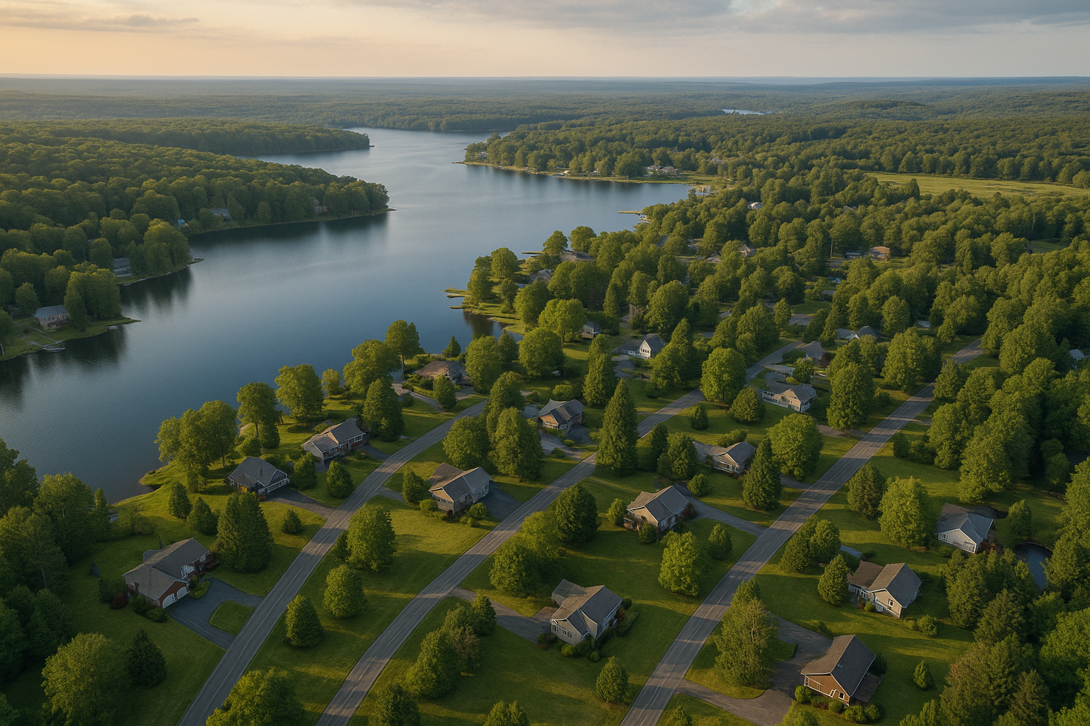 An aerial view of a residential area with a river running through it