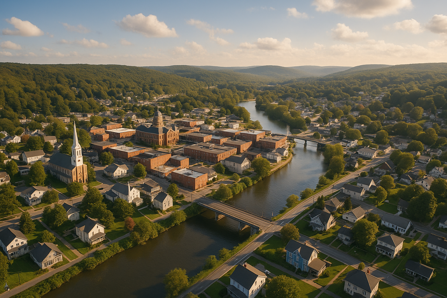 An aerial view of a residential area with a river running through it